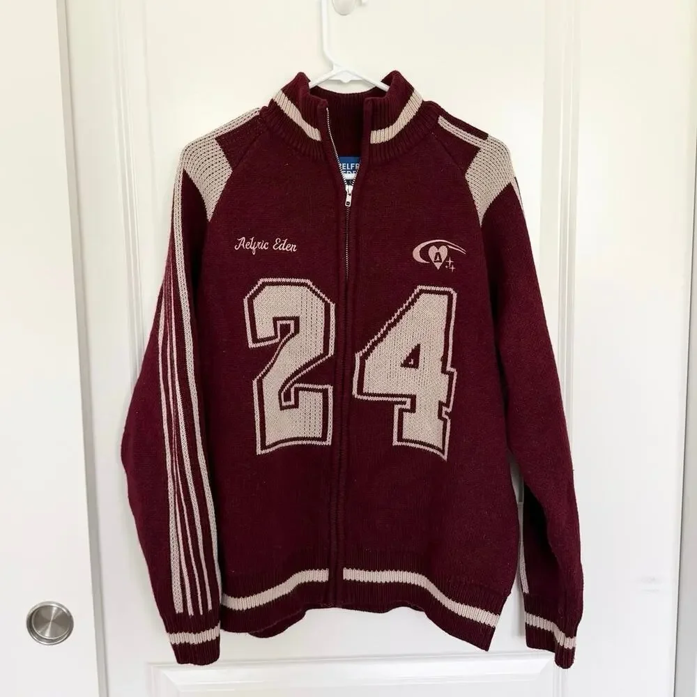Aelfric Eden 24 Jacquard Oversized Zip Up Cardigan Maroon XS